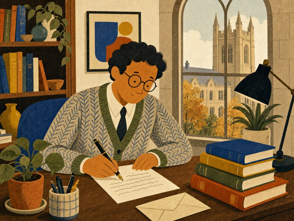 Illustration of a professor writing a letter at a desk in a book-lined study, with a collegiate tower outside the window